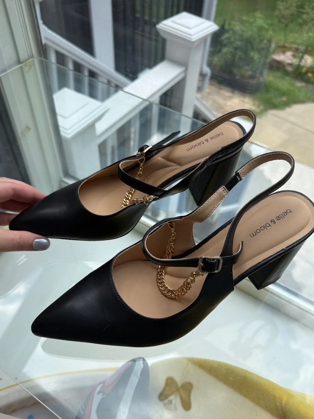 Belle & Bloom Black Pointed Slingback Heels with Gold Chain Accent